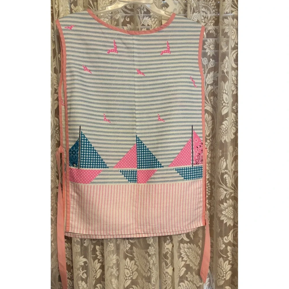 Vintage Handmade Sailboat Apron Pink Blue Striped Nautical‎ Kitchen Cooking